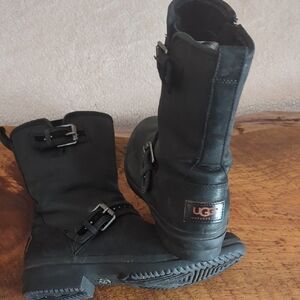 UGG Jenise Waterproof Black Leather Buckle Boots